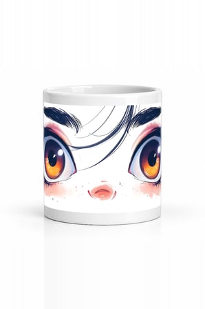 Seramik Kupa Anime Gözlü Yüz Baskılı 300 ml Hediyelik Kahve Çay Kupası Özel Tasarım Kahve Kupası