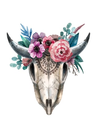 Kadın Boho Tarzı Floral Çiçekli Hayvan Kafası Baskılı Suluboya Rahat Kesim Tişört Günlük Modern