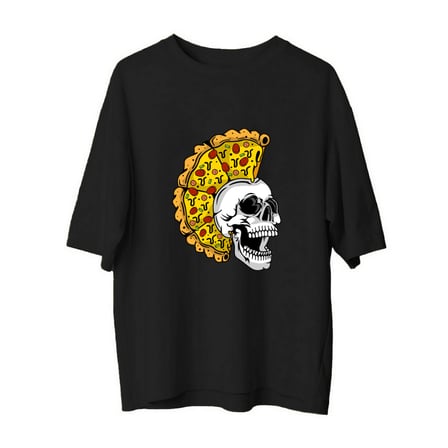 Kadın Oversize Grafik Baskılı Tişört Pizza Kafatası Tasarımı Rahat Kesim Günlük Giyim Modern Şık