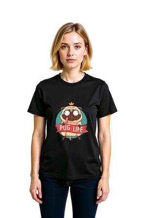 Kadın Komik Pug Baskılı Kısa Kollu Tişört Taç Motifli Evcil Hayvan Sevgili Tasarım Rahat Günlük