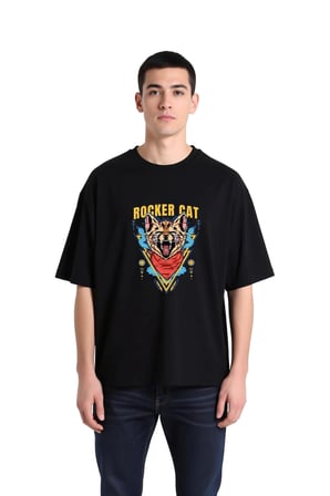 Erkek Oversize Müzik Baskılı Tişört Rocker Kedi Grafik Desen Rahat Kesim Günlük Giyim Modern Şık