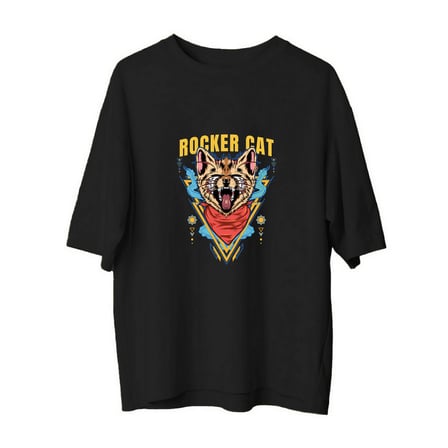 Erkek Oversize Müzik Baskılı Tişört Rocker Kedi Grafik Desen Rahat Kesim Günlük Giyim Modern Şık