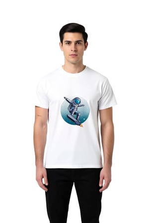 Erkek Astronot Jetpack Roket Surfing Pop Art Baskılı Pamuk Tişört Uzay Temalı Günlük Rahat Modern