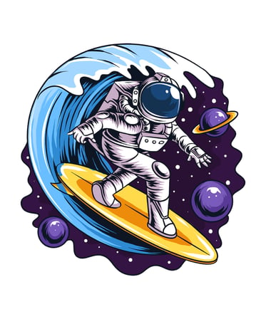 Erkek Astronot Surfing Kozmik Dalgalar Baskılı Rahat Kesim Pamuk Tişört Günlük Modern Şık Konforlu