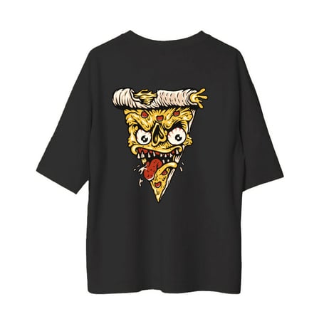 Erkek Oversize Tişört Korkunç Pizza Dilimi Yüz Baskısı Animasyon Tarzı Grafik Cesur Tasarım Günlük
