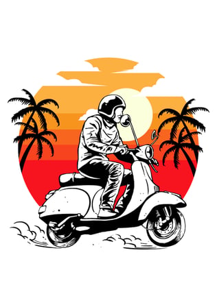 Erkek Retro Scooter Baskılı Tişört %100 Pamuk Gün Batımı Motifi Vintage Kesim Rahat Günlük Modern