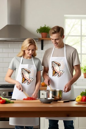 Kadın Unisex Mutfak Aşçı Önlüğü Dua Eden Eller Pizza Baskılı Sanat Desenli Rahat Kesim Günlük Modern