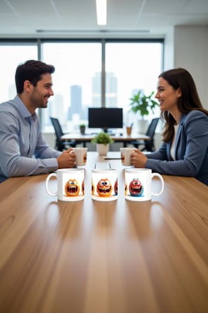 Seramik Kupa Komik Canavar Yüzleri Baskılı 300 ml Hediyelik Kahve Çay Kupası Özel Tasarım Ofis