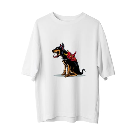Erkek Oversize Tişört Kafatası Maskeli Döberman Köpek Baskısı Rahat Kesim Günlük Giyim Modern Şık