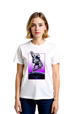 Kadın Astronot Kaykay Baskılı Tişört Uzay Temalı Grafik Desen Kısa Kollu Yuvarlak Yaka Rahat Kesim