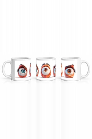 Seramik Kupa 3D Gözlü Şaşı Karakterler Baskılı 300 ml Hediyelik Ofis Kahve Çay Kupası Özel Tasarım