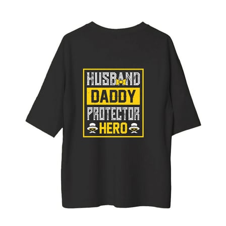 Erkek Oversize Baskılı Tişört Husband Daddy Protector Hero Yazılı Kısa Kollu Rahat Kesim Günlük