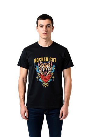 Erkek Rocker Kedi Grafik Baskılı Kısa Kollu Tişört %100 Pamuk Müzik Tasarımı Günlük Rahat Modern