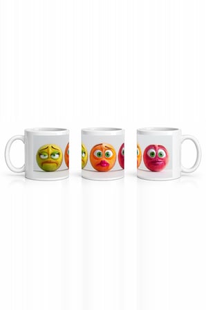 Seramik Kupa Duygusal Meyve Yüzleri Baskılı 300 ml Hediyelik Kahve Çay Kupası Özel Tasarım Ofis