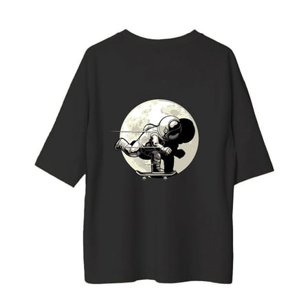 Erkek Oversize Kaykay Astronot Ay Işığı Baskılı Kısa Kollu Tişört Rahat Kesim Günlük Modern Şık