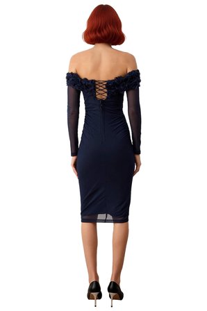 Kadın Bodycon Carmen Yaka Gül Detaylı Midi Tül Elbise Uzun Kollu Astarlı Gece ve Kokteyl Davetleri