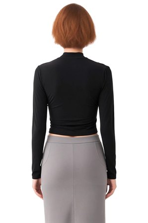 Kadın Bordo Dik Yaka Fitted Vücuda Oturan Esnek Örme Bluz Uzun Kol Büzgülü Detaylı Günlük Kullanım