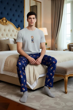 Erkek Ayıcık Desenli Bisiklet Yaka Pijama Takımı Fonksiyonel Dayanıklı Kaliteli Konforlu Şık