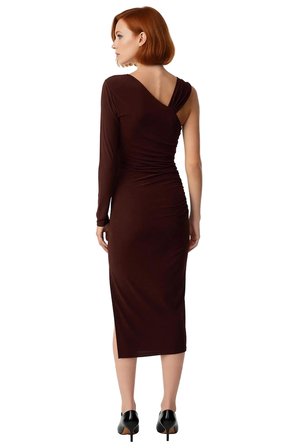 Kadın Asimetrik Yaka Tek Uzun Kollu Bodycon Midi Aksesuar Detaylı Örme Kokteyl Elbisesi Glam