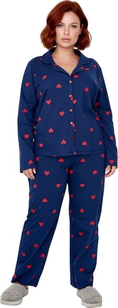 Kadin Kirmizi Kalp Desenli Gömlek Yaka Pijama Takımı Fonksiyonel Dayanıklı Kaliteli Modern