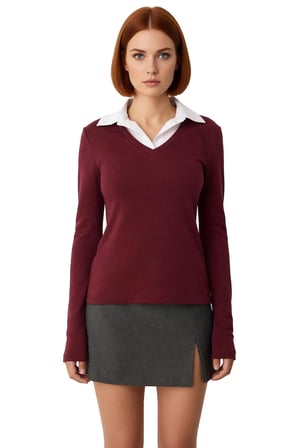 Kadın Bordo Polo Yaka Renk Bloklu Uzun Kollu Basic Siluet Smart Persona 100% Pamuk Kışlık Triko Üst