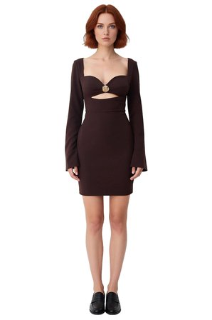 Kadın Fashion Forward Bodycon Kesim Kalp Yaka Uzun Kollu Mini Elbise Şık Kokteyl Davetleri İçin