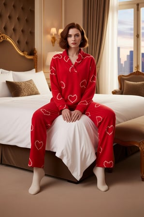 Kadin Kirmizi Kalp Desenli Polar Pijama Takımı Fonksiyonel Dayanıklı Kaliteli Konforlu Şık