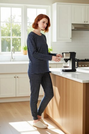 Kadın Çizgili Bisiklet Yaka Uzun Kollu Pijama Takımı Fonksiyonel Dayanıklı Kaliteli Modern