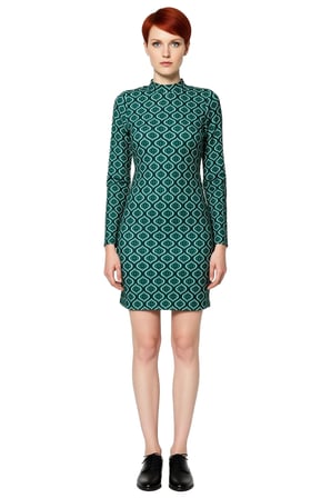 Kadın Yeşil Geometrik Desenli Dik Yaka Bodycon İspanyol Kol Mini Örme Kışlık Elbise Şık İş Ortamı