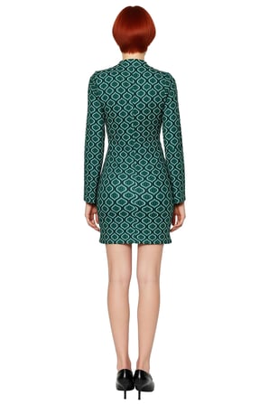 Kadın Yeşil Geometrik Desenli Dik Yaka Bodycon İspanyol Kol Mini Örme Kışlık Elbise Şık İş Ortamı
