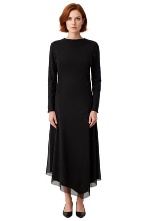Kadın Siyah Bodycon Kayık Yaka Uzun Kollu Astarlı Maxi Boy Asimetrik Tül Detaylı Örme Elbise
