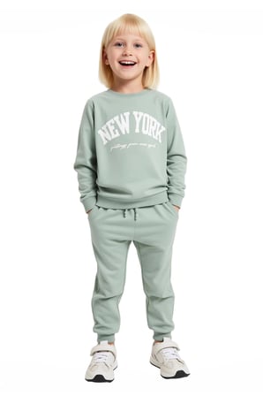 Kız Çocuk Alt-Üst Pamuklu New York Baskılı Bisiklet Yaka Sweatshirt ve Eşofman Takımı Kaliteli Şık