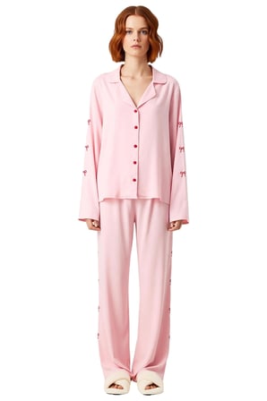 Kadın Kurdele Nakışlı Gömlek Pantolon Pijama Takımı Fonksiyonel Dayanıklı Kaliteli Estetik