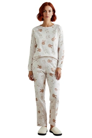 Kadın Tavşan Desenli Pijama Takımı Uzun Kollu Bisiklet Yaka Fonksiyonel Dayanıklı Kaliteli