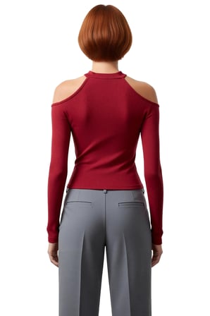Kadın Fitted Bordo Örme Bluz Choker Yaka Düşük Kol Uzun Kollu Crop Kesim Günlük Kullanıma Uygun