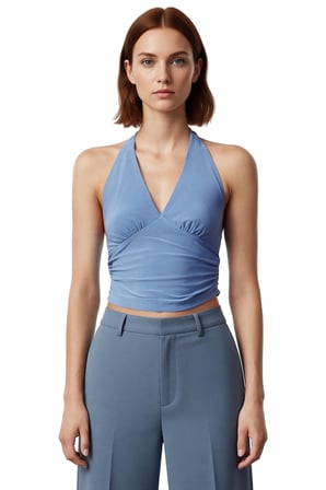 V Yaka Fitted Crop Bluz Sandy Dokuma Yazlık Günlük Kullanım İçin