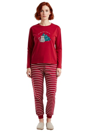 Kadın Kışlık Pijama Takımı %100 Pamuk Çizgili Rahat Premium Kalite Kaliteli İşçilik
