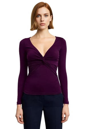 Kadın V Yaka Büzgülü Drape Detaylı Fitted Uzun Kollu Esnek Örme Bluz İlkbahar Sonbahar Günlük