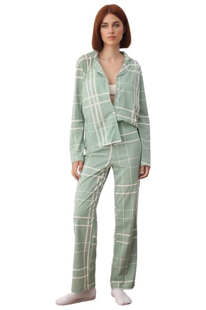 Kadin Ayicik Desenli Ekose Pijama Takımı Gömlek Yaka Uzun Kollu Fonksiyonel Dayanıklı Spor