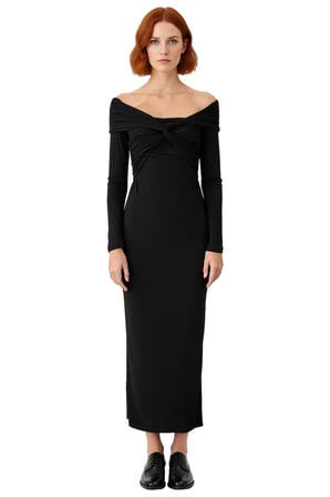 Kadın Bodycon Kesim Carmen Yaka Uzun Kollu Örme Midi Elbise Şık Gece Davetleri İçin İdeal Seçim