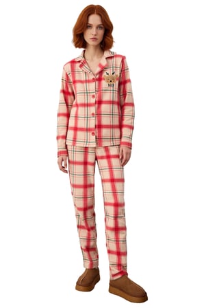 Kadin Ekose Polar Pijama Takımı Kirmizi Detayli Fonksiyonel Dayanıklı Kaliteli Konforlu Şık