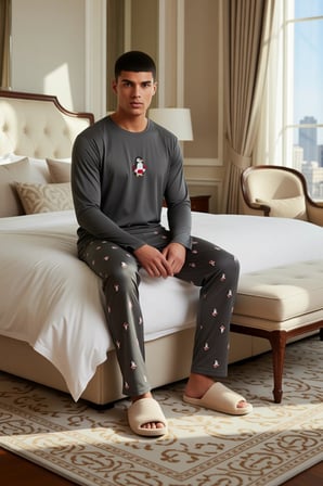 Erkek Penguen Nakışlı Bisiklet Yaka Uzun Kollu Pijama Takımı Fonksiyonel Dayanıklı Estetik