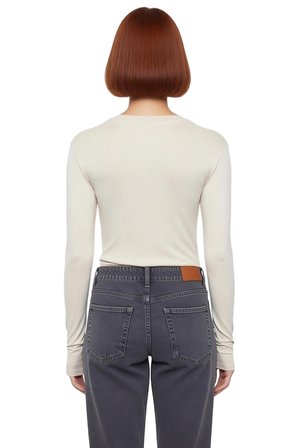 Kadın Pembe Viskon Ribana Dokulu Fitted Bisiklet Yaka Uzun Kollu Crop Bluz Günlük Kullanıma Uygun