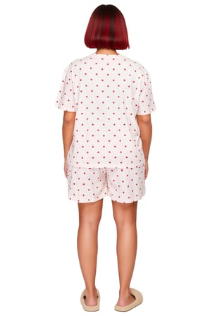 Kadın Kalp Desenli Bisiklet Yaka Kısa Kollu Pijama Takımı Fonksiyonel Dayanıklı Kaliteli Şık