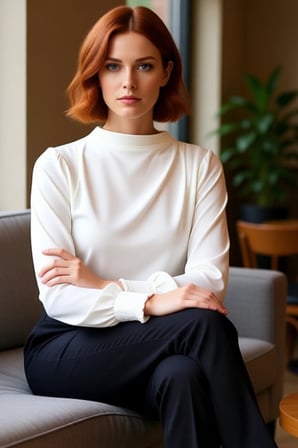 Kadın Ekru Dik Yaka Regular Fit Esnek Örme Bluz Gipe Kol Detaylı Smart Business Tarzı Klasik Kışlık
