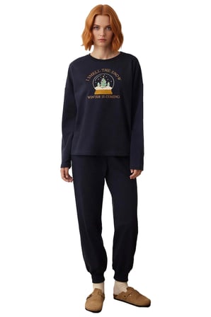 Kadın Kar Küresi Nakışlı Bisiklet Yaka Örme Pijama Takımı Fonksiyonel Dayanıklı Kaliteli Şık