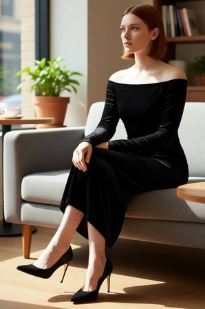 Kadın Siyah Kadife Bodycon Carmen Yaka Uzun Kollu Şık Gece Midi Abiye Elbisesi Özel Davetler İçin