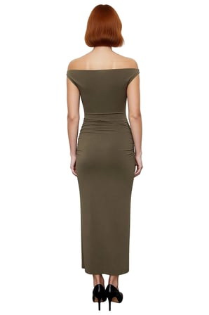 Kadın Haki Carmen Yaka Bodycon Maxi Elbise Özel Davetler İçin Şık Ve Modern Tasarım Fashion Forward