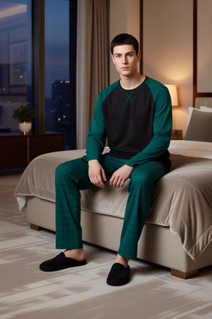 Erkek Bisiklet Yaka Kareli Pijama Takımı Uzun Kollu Fonksiyonel Dayanıklı Kaliteli Estetik