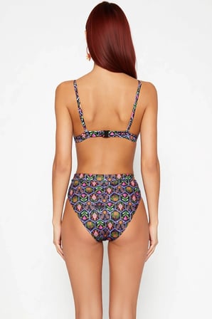 Kadın Bikini Takımı Leopar Desenli Üçgen Kaplı Balensiz Yüksek Bel Hipster Kolsuz Örme Raşel